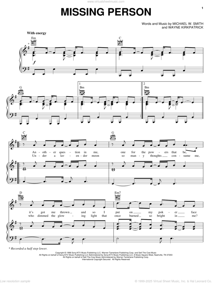 Missing Person sheet music for voice, piano or guitar by Michael W. Smith, intermediate skill level