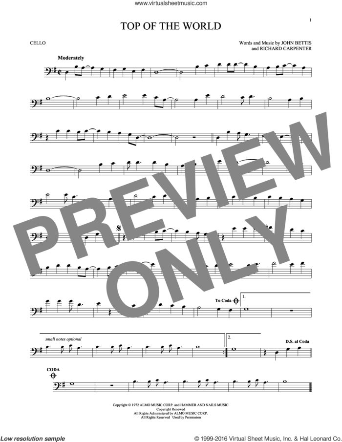 Top Of The World sheet music for cello solo by Carpenters, John Bettis and Richard Carpenter, intermediate skill level
