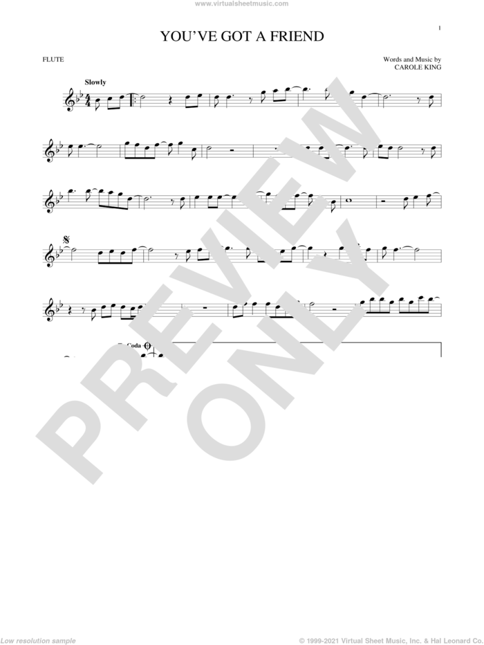 You've Got A Friend sheet music for flute solo by James Taylor and Carole King, intermediate skill level