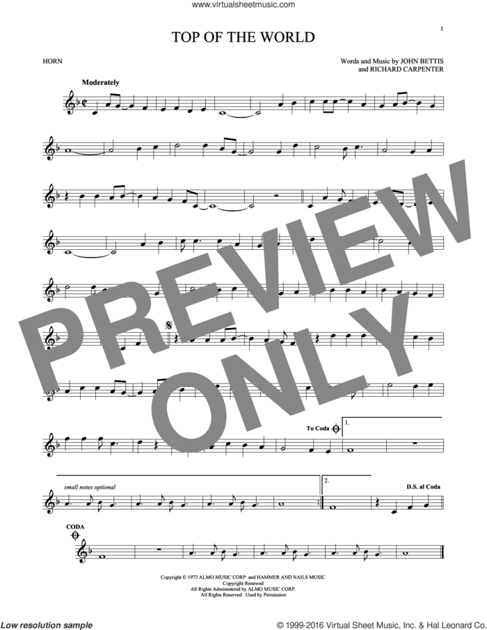 Top Of The World sheet music for horn solo by Richard Carpenter, Carpenters and John Bettis, intermediate skill level