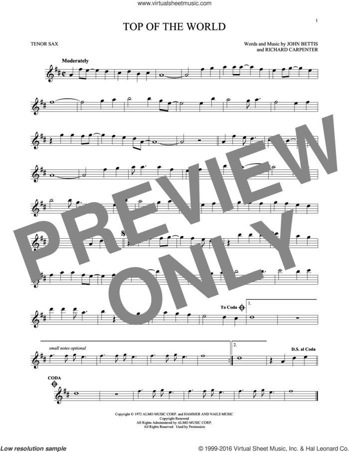 Top Of The World sheet music for tenor saxophone solo by Carpenters, John Bettis and Richard Carpenter, intermediate skill level