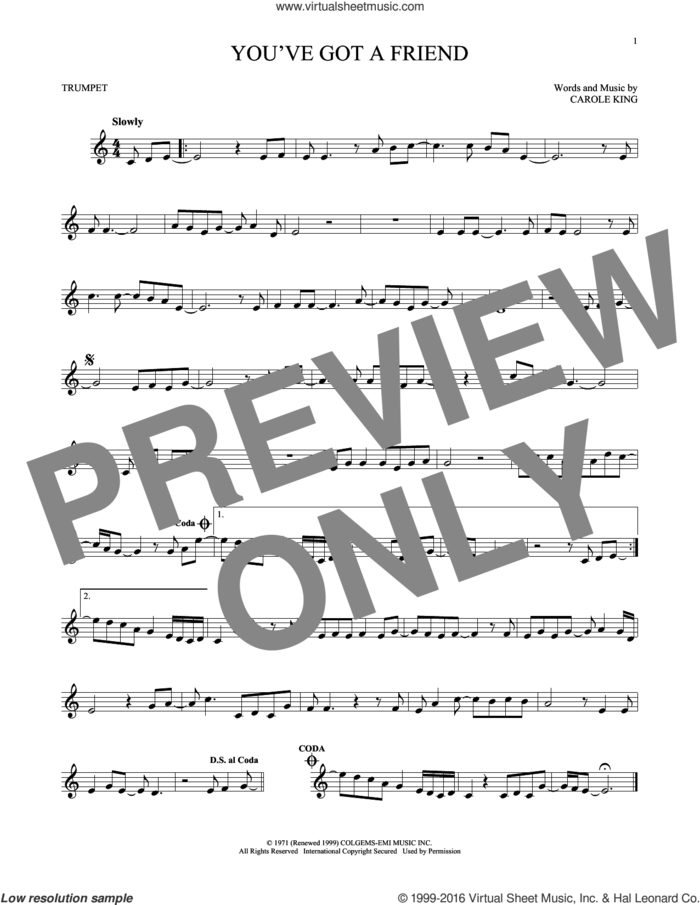 You've Got A Friend sheet music for trumpet solo by James Taylor and Carole King, intermediate skill level