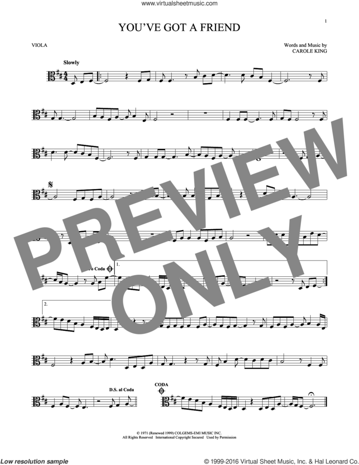 You've Got A Friend sheet music for viola solo by James Taylor and Carole King, intermediate skill level