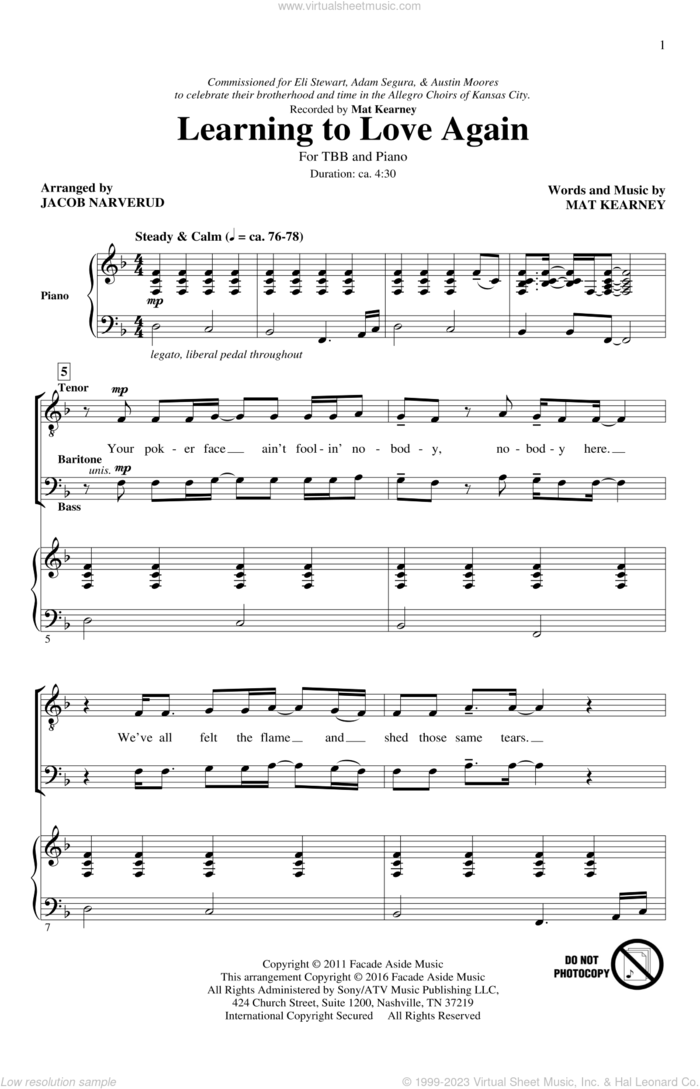 Learning To Love Again sheet music for choir (TBB: tenor, bass) by Mat Kearney and Jacob Narverud, intermediate skill level
