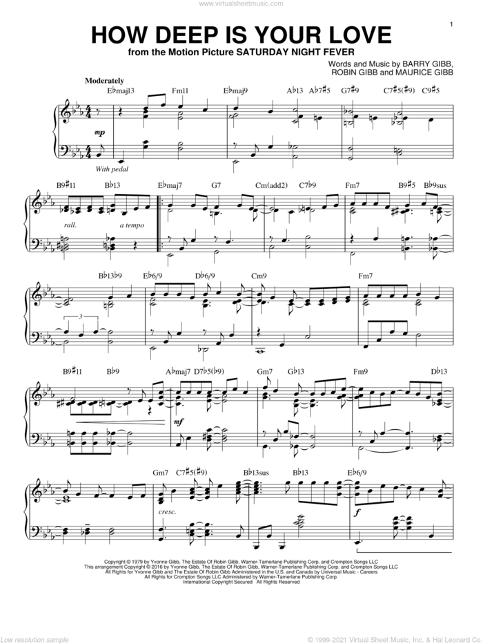 How Deep Is Your Love, (intermediate) sheet music for piano solo by Barry Gibb, Bee Gees, Maurice Gibb and Robin Gibb, intermediate skill level