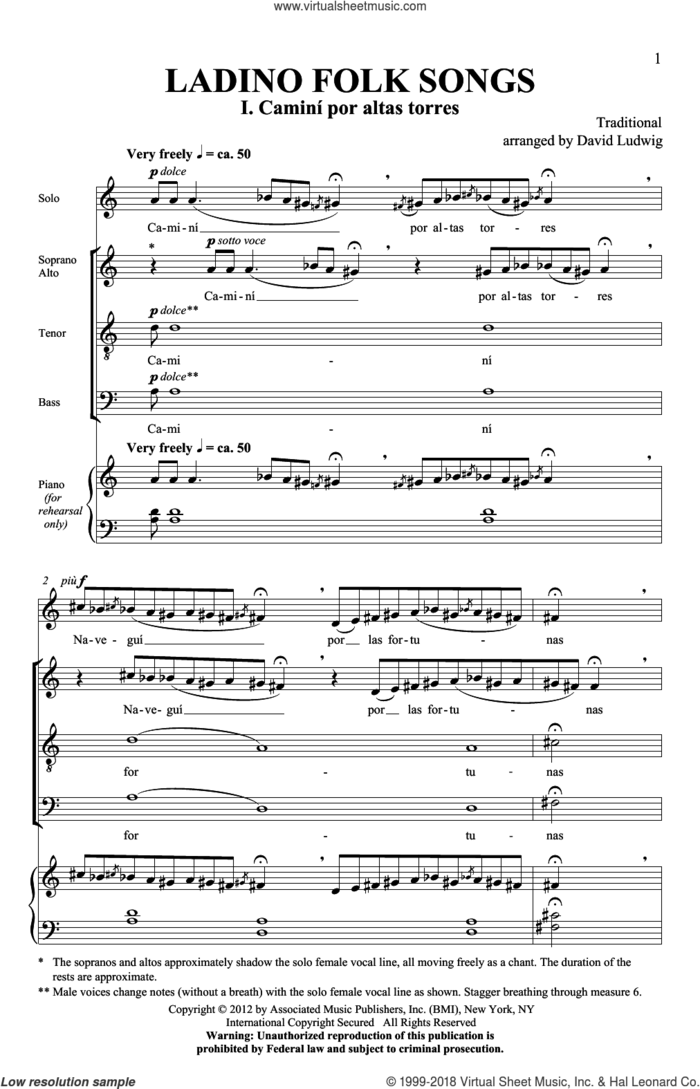 Ladino Folk Songs sheet music for choir (SATB: soprano, alto, tenor, bass) by David Ludwig, intermediate skill level