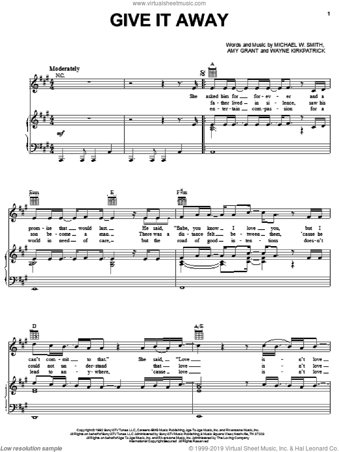 Give It Away sheet music for voice, piano or guitar by Michael W. Smith, Amy Grant and Wayne Kirkpatrick, intermediate skill level