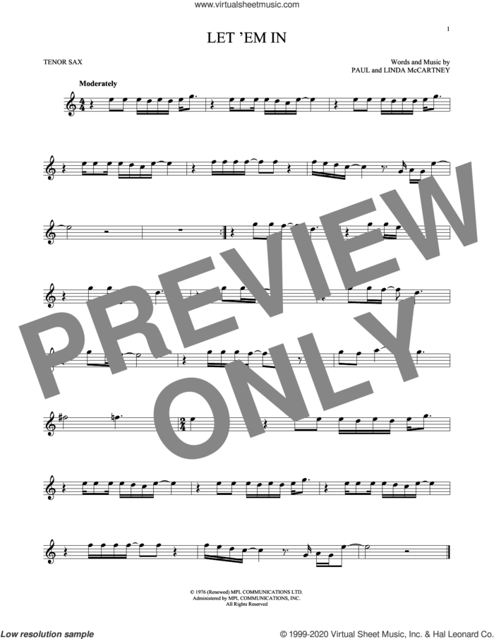 Let 'Em In sheet music for tenor saxophone solo by Wings, Linda McCartney and Paul McCartney, intermediate skill level