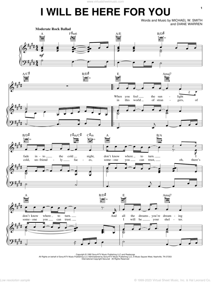 I Will Be Here For You sheet music for voice, piano or guitar by Michael W. Smith and Diane Warren, wedding score, intermediate skill level