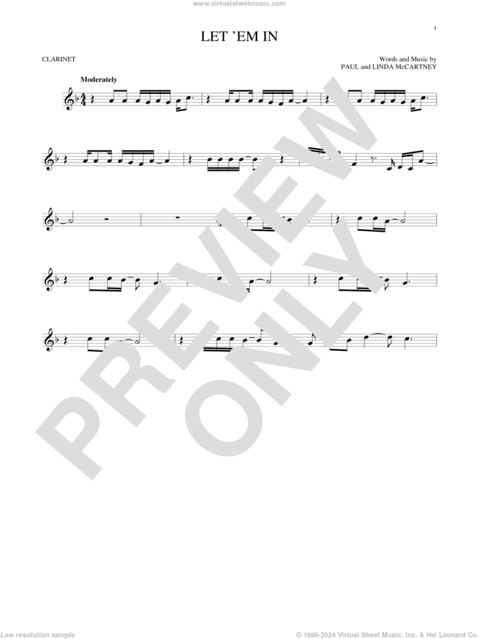 Let 'Em In sheet music for clarinet solo by Wings, Linda McCartney and Paul McCartney, intermediate skill level