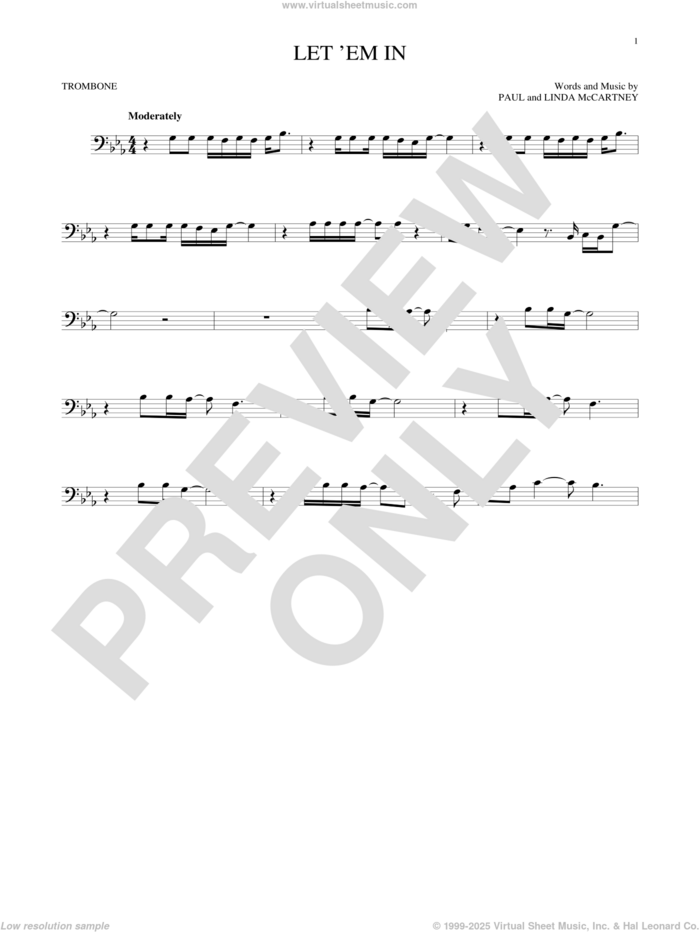 Let 'Em In sheet music for trombone solo by Wings, Linda McCartney and Paul McCartney, intermediate skill level