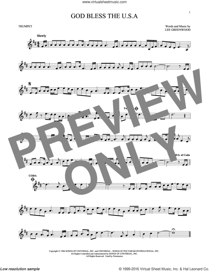 God Bless The U.S.A. sheet music for trumpet solo by Lee Greenwood, intermediate skill level