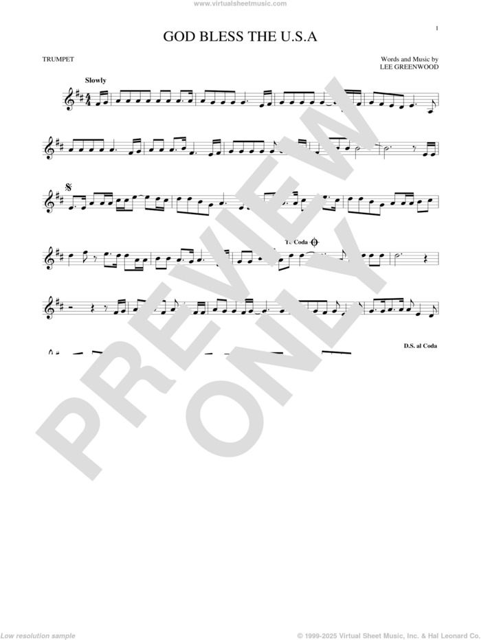 God Bless The U.S.A. sheet music for trumpet solo by Lee Greenwood, intermediate skill level