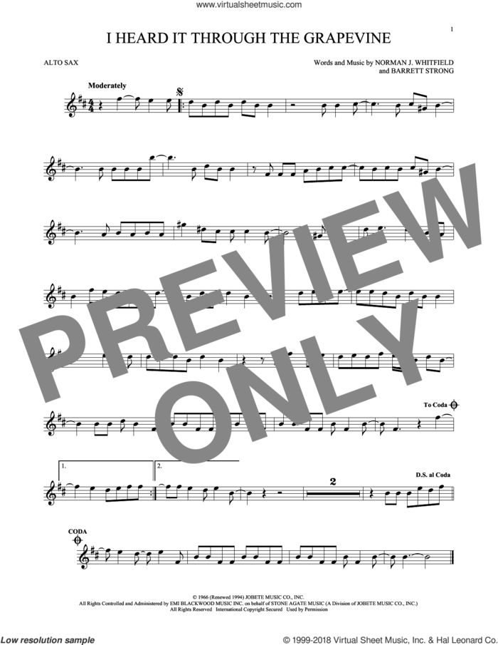 I Heard It Through The Grapevine sheet music for alto saxophone solo by Norman Whitfield, Barrett Strong and Norman Whitfield & Barrett Strong, intermediate skill level