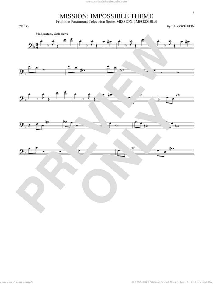 Mission: Impossible Theme sheet music for cello solo by Lalo Schifrin, intermediate skill level