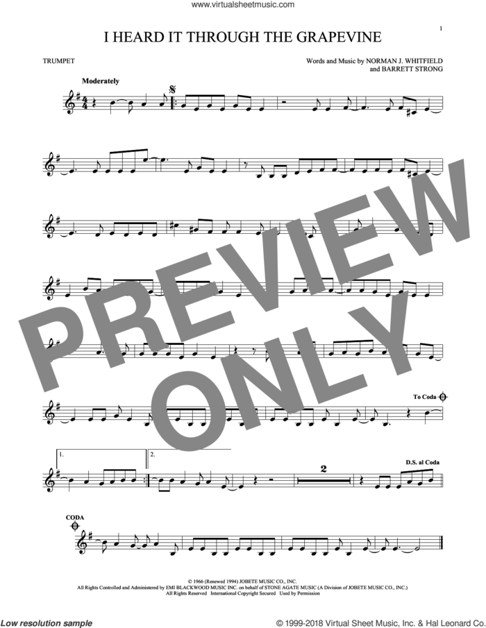 I Heard It Through The Grapevine sheet music for trumpet solo by Norman Whitfield, Barrett Strong and Norman Whitfield & Barrett Strong, intermediate skill level