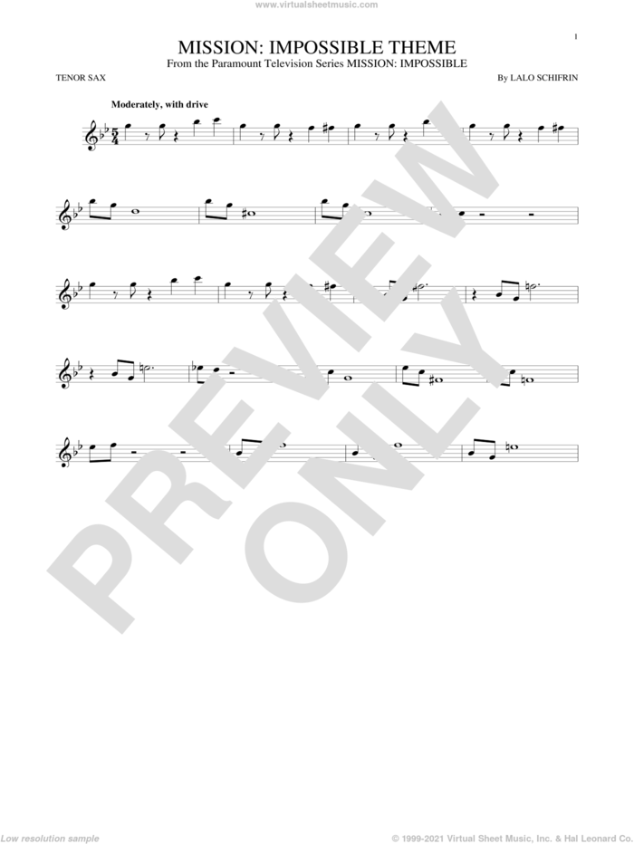 Mission: Impossible Theme sheet music for tenor saxophone solo by Lalo Schifrin, intermediate skill level