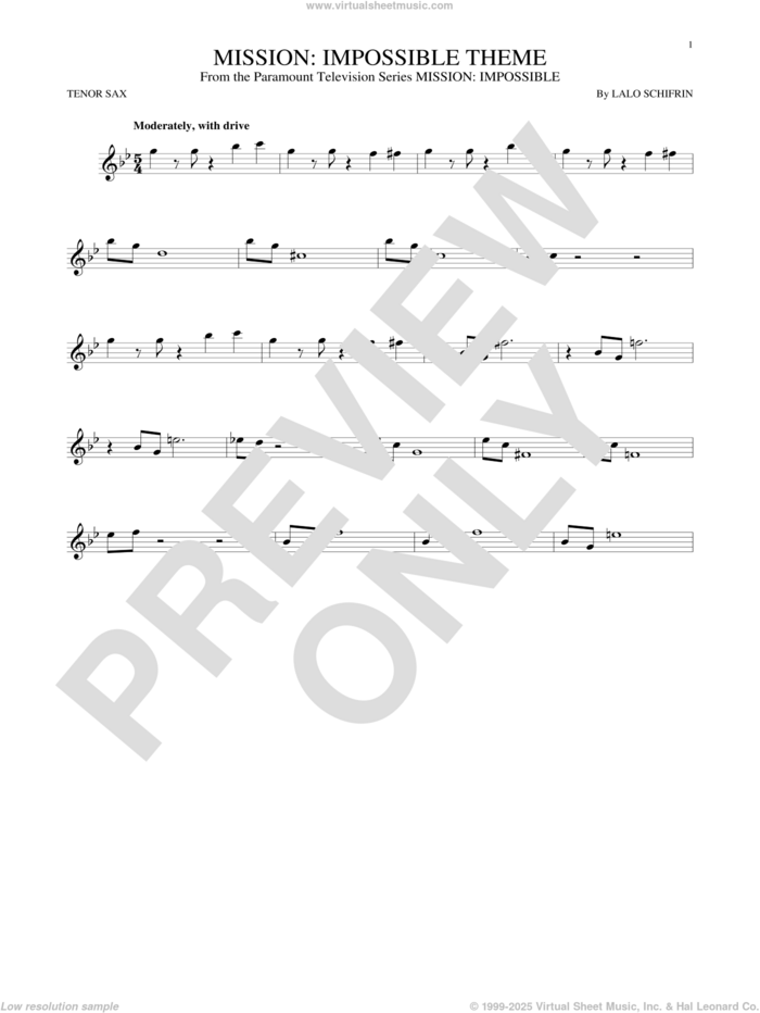 Mission: Impossible Theme sheet music for tenor saxophone solo by Lalo Schifrin, intermediate skill level