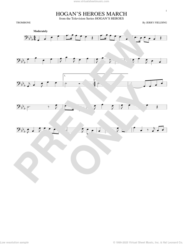 Hogan's Heroes March sheet music for trombone solo by Jerry Fielding, intermediate skill level