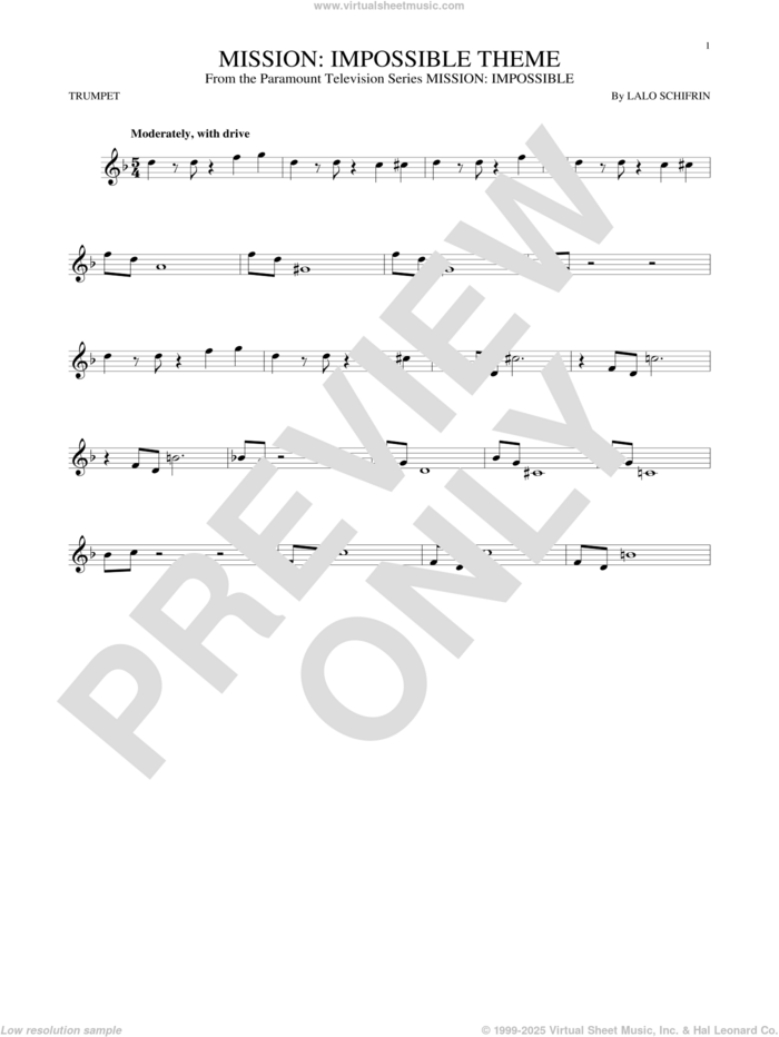 Mission: Impossible Theme sheet music for trumpet solo by Lalo Schifrin, intermediate skill level