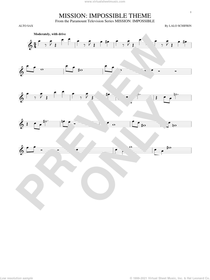 Mission: Impossible Theme sheet music for alto saxophone solo by Lalo Schifrin, intermediate skill level