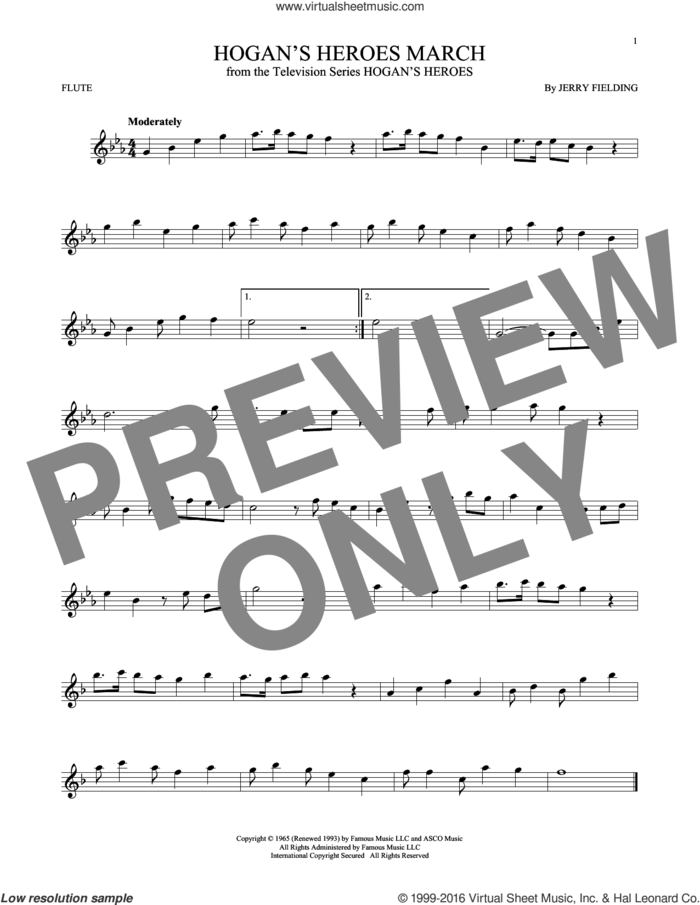 Hogan's Heroes March sheet music for flute solo by Jerry Fielding, intermediate skill level
