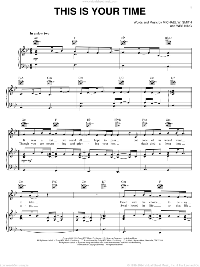 This Is Your Time sheet music for voice, piano or guitar by Michael W. Smith and Wes King, intermediate skill level