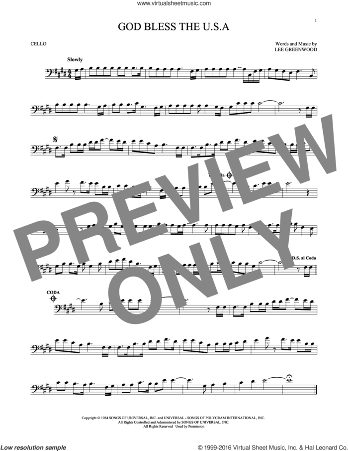 God Bless The U.S.A. sheet music for cello solo by Lee Greenwood, intermediate skill level