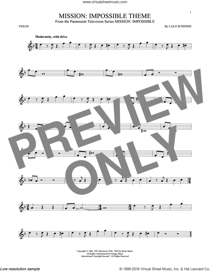 Mission: Impossible Theme sheet music for violin solo by Lalo Schifrin, intermediate skill level