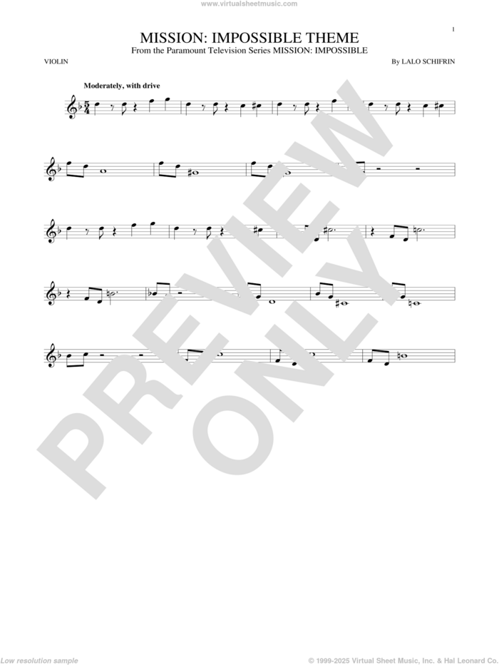 Mission: Impossible Theme sheet music for violin solo by Lalo Schifrin, intermediate skill level