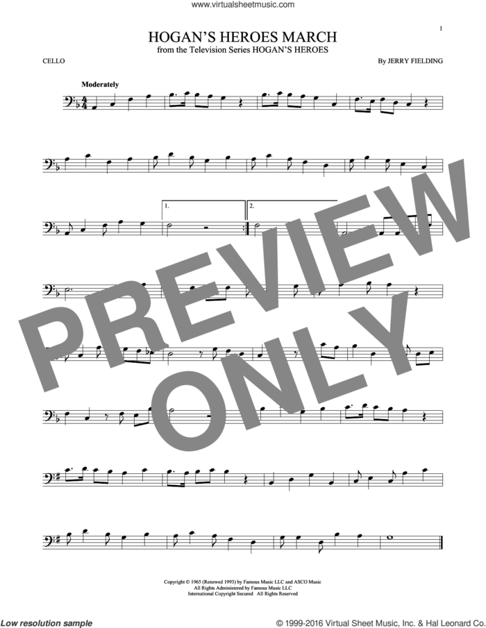 Hogan's Heroes March sheet music for cello solo by Jerry Fielding, intermediate skill level