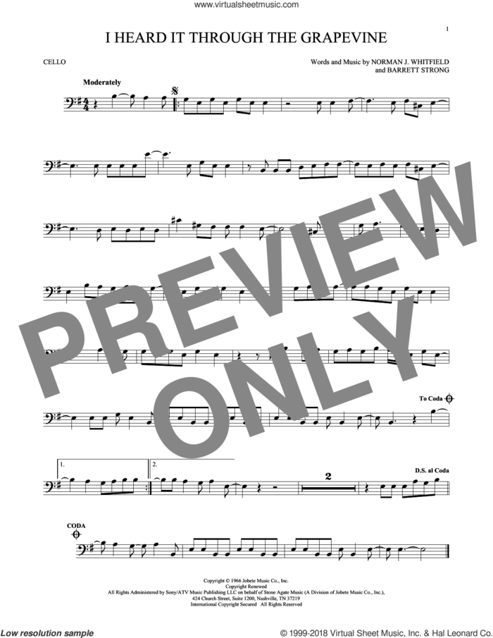 I Heard It Through The Grapevine sheet music for cello solo by Norman Whitfield, Barrett Strong and Norman Whitfield & Barrett Strong, intermediate skill level