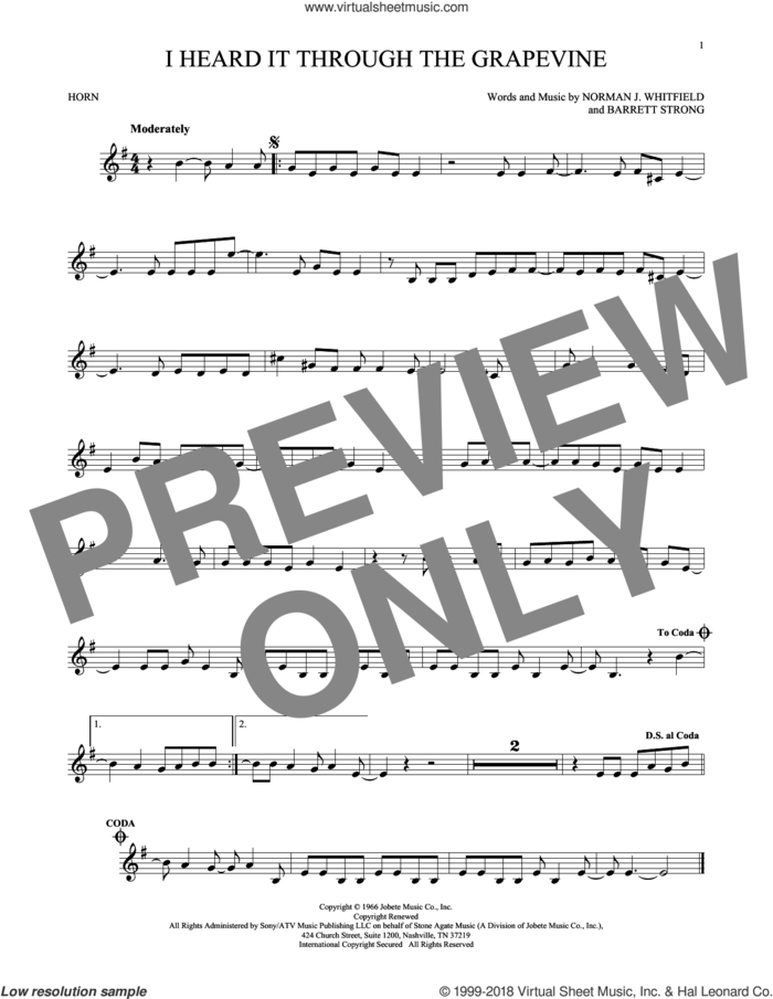 I Heard It Through The Grapevine sheet music for horn solo by Norman Whitfield, Barrett Strong and Norman Whitfield & Barrett Strong, intermediate skill level