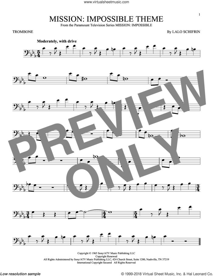 Mission: Impossible Theme sheet music for trombone solo by Lalo Schifrin, intermediate skill level