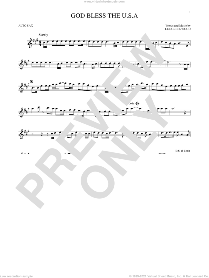 God Bless The U.S.A. sheet music for alto saxophone solo by Lee Greenwood, intermediate skill level