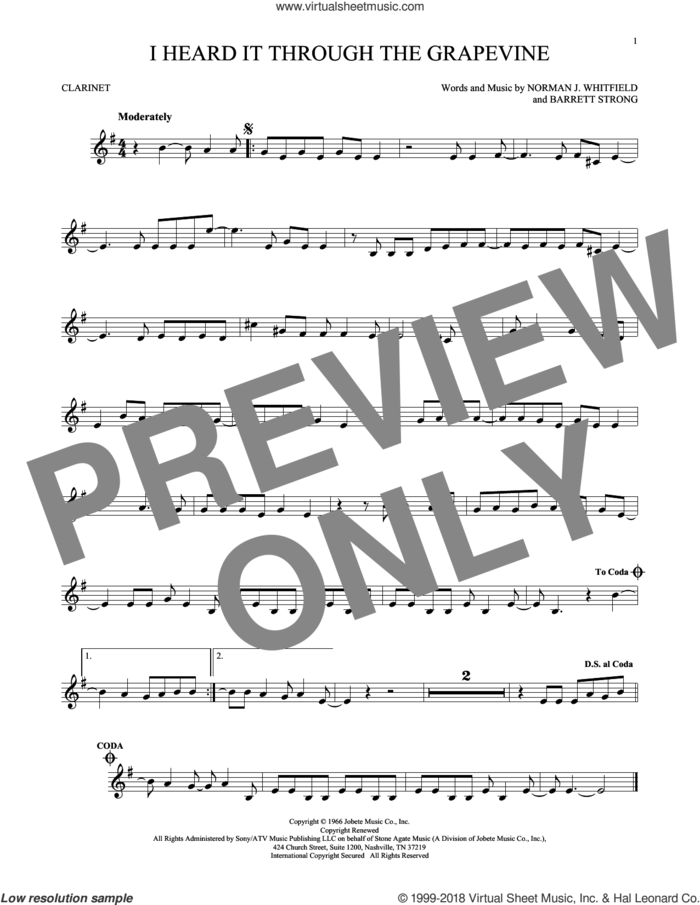 I Heard It Through The Grapevine sheet music for clarinet solo by Norman Whitfield, Barrett Strong and Norman Whitfield & Barrett Strong, intermediate skill level