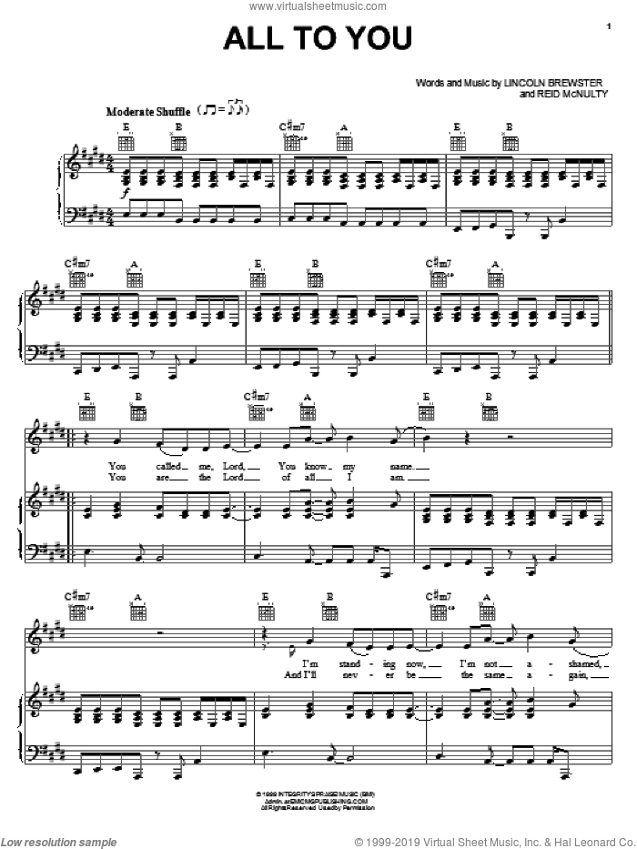 All To You sheet music for voice, piano or guitar by Lincoln Brewster and Reid McNulty, intermediate skill level