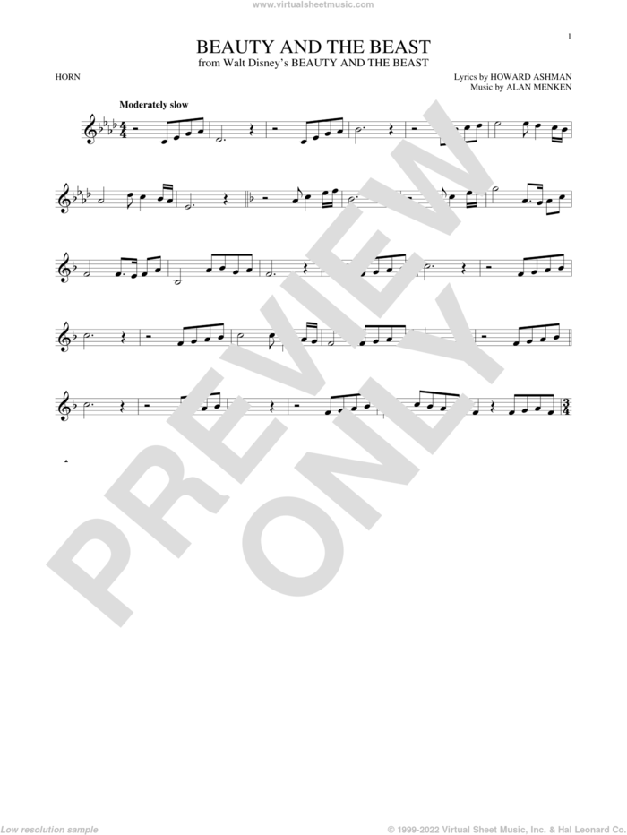 Beauty And The Beast sheet music for horn solo by Alan Menken, Howard Ashman and Howard Ashman & Alan Menken, intermediate skill level