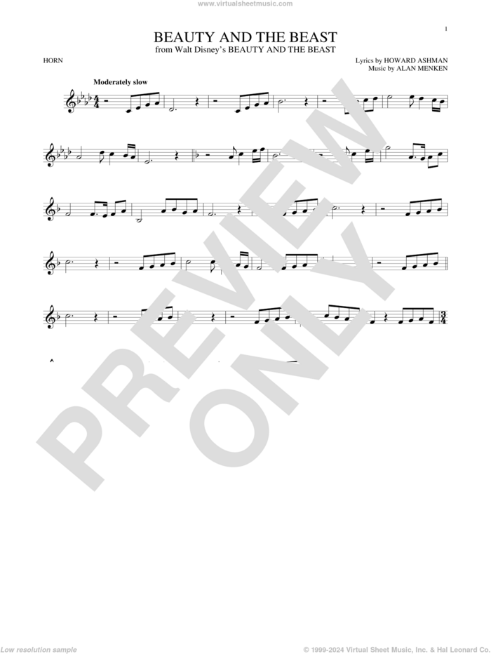 Beauty And The Beast sheet music for horn solo by Alan Menken, Howard Ashman and Howard Ashman & Alan Menken, wedding score, intermediate skill level