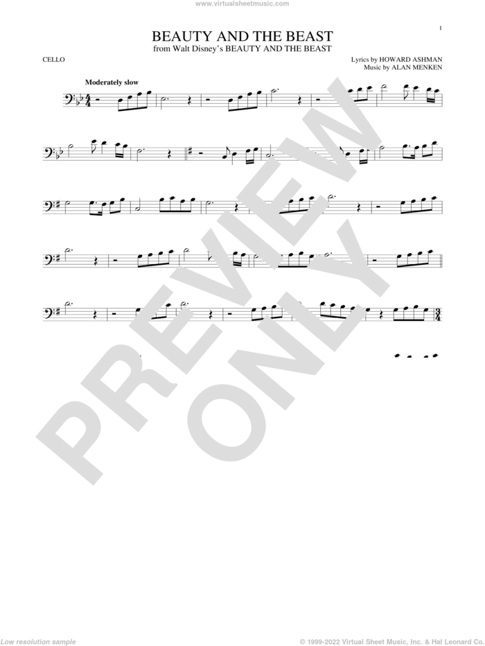 Beauty And The Beast sheet music for cello solo by Alan Menken & Howard Ashman, Alan Menken, Howard Ashman and Howard Ashman & Alan Menken, intermediate skill level