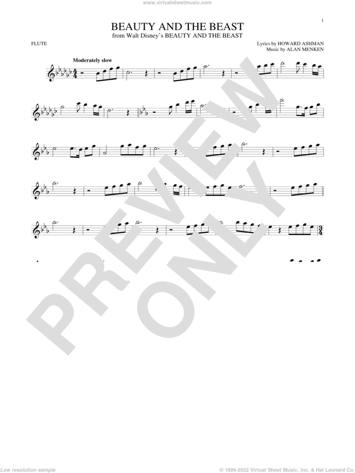 Beauty And The Beast sheet music for flute solo by Alan Menken, Howard Ashman and Howard Ashman & Alan Menken, intermediate skill level