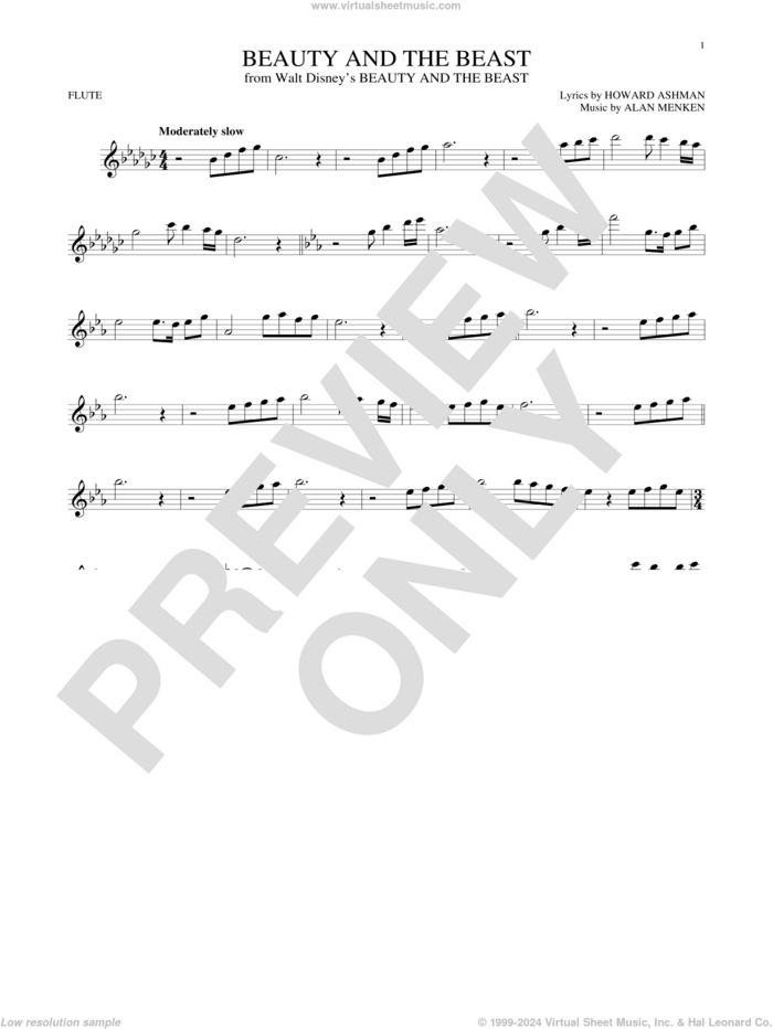 Beauty And The Beast sheet music for flute solo by Alan Menken, Howard Ashman and Howard Ashman & Alan Menken, wedding score, intermediate skill level