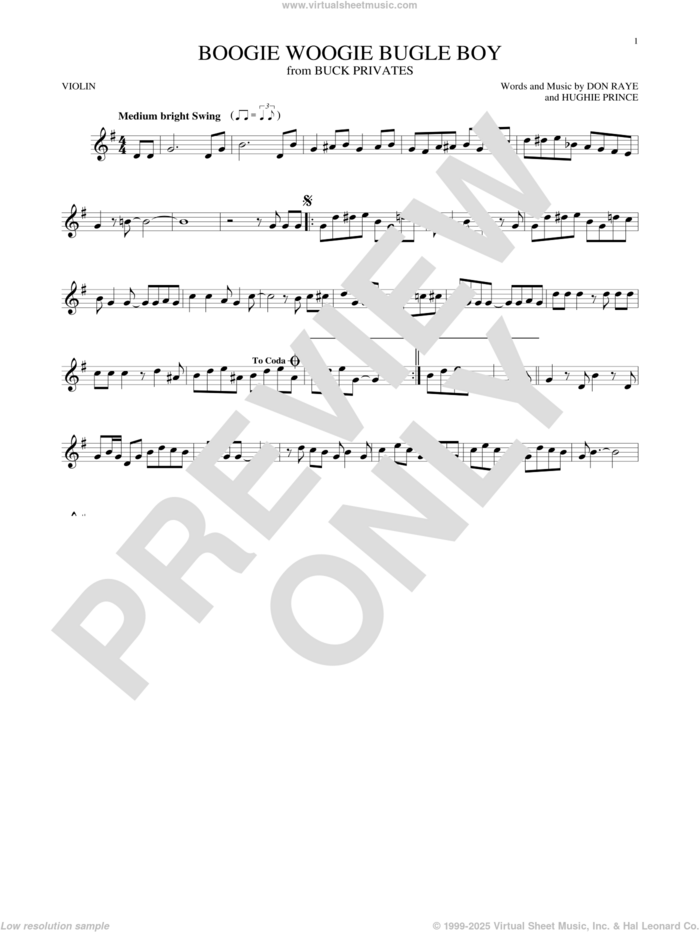 Boogie Woogie Bugle Boy sheet music for violin solo by Andrews Sisters, Bette Midler, Don Raye and Hughie Prince, intermediate skill level