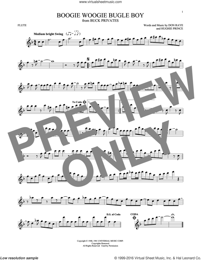 Boogie Woogie Bugle Boy sheet music for flute solo by Andrews Sisters, Bette Midler, Don Raye and Hughie Prince, intermediate skill level