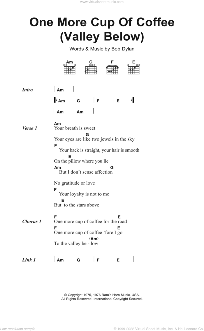 One More Cup Of Coffee (Valley Below) sheet music for guitar (chords) by Bob Dylan, intermediate skill level