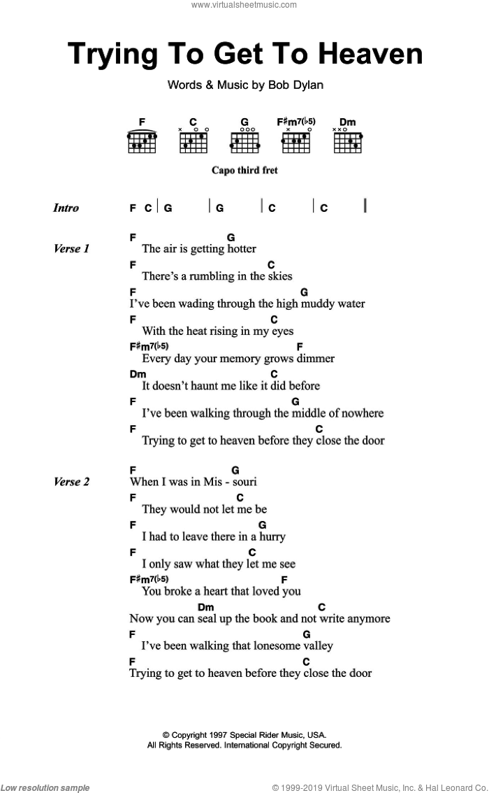 Trying To Get To Heaven sheet music for guitar (chords) by Bob Dylan, intermediate skill level