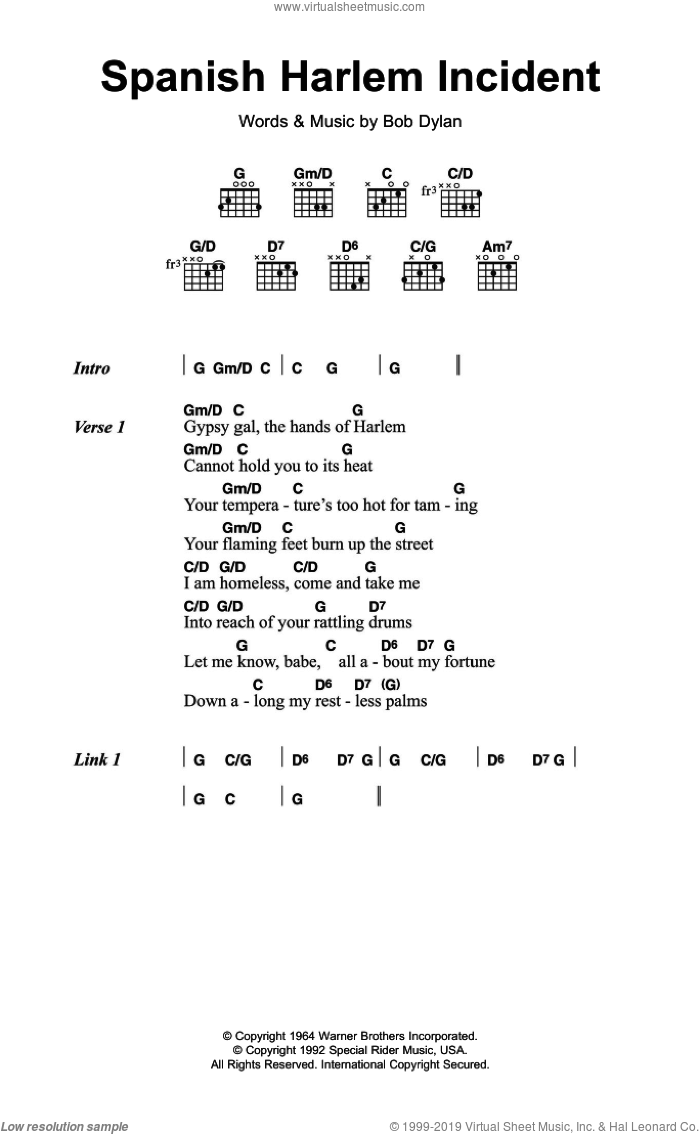 Spanish Harlem Incident sheet music for guitar (chords) by Bob Dylan, intermediate skill level