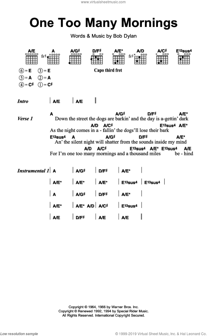 One Too Many Mornings sheet music for guitar (chords) by Bob Dylan, intermediate skill level