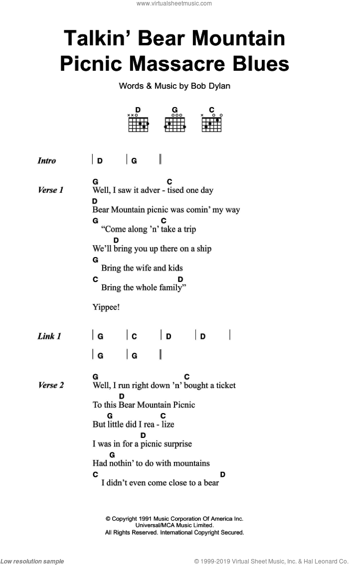 Talkin' Bear Mountain Picnic Massacre Blues sheet music for guitar (chords) by Bob Dylan, intermediate skill level