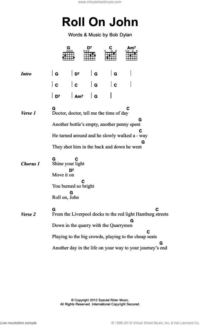 Roll On John sheet music for guitar (chords) by Bob Dylan, intermediate skill level